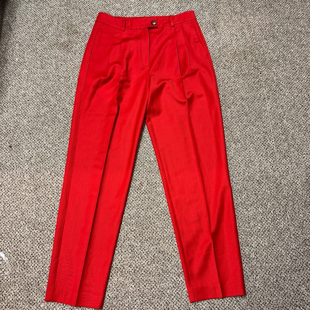 Reiss Red Pleated Front High Rise Straight Leg Tailored Trousers Pants USA 8